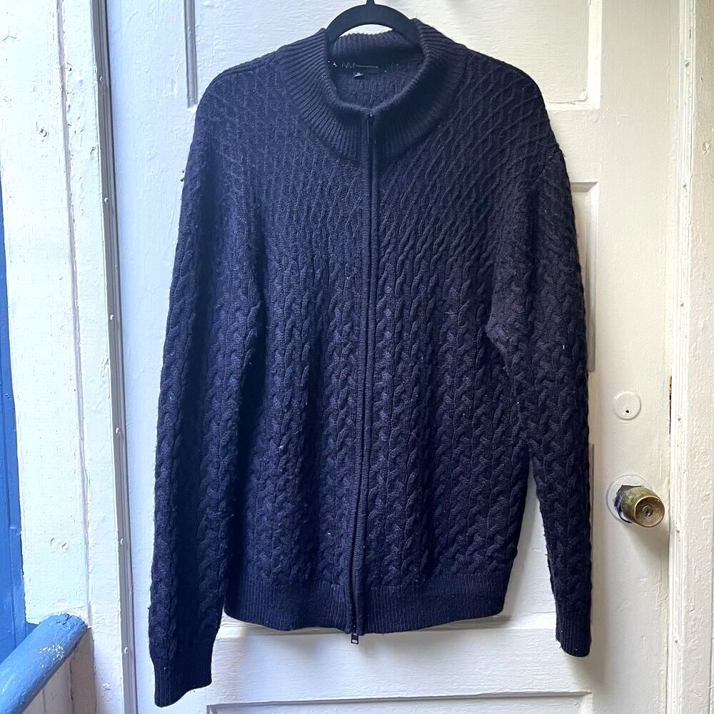 Neiman Marcus Mens Chunky Cable Knit Sweater Sz XL Navy Merino Wool Blend Preppy